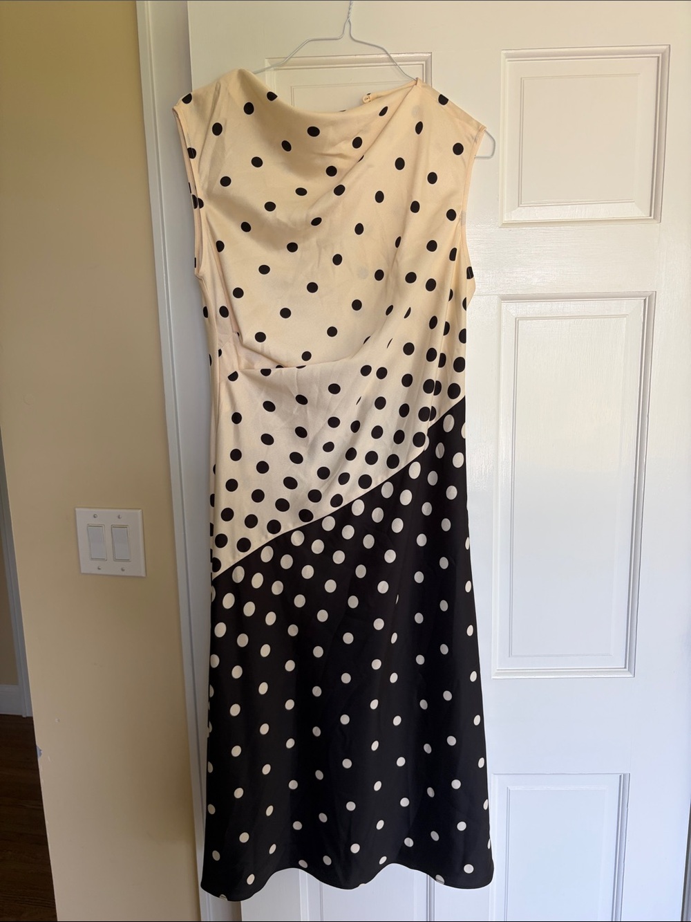 H by Halston Cream and Black Polka Dot Sleeveless Midi Dress
